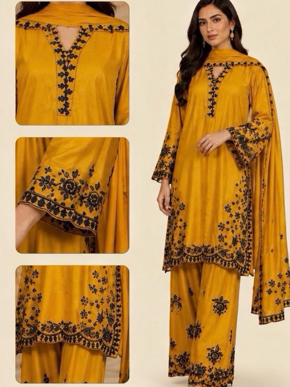 Mustard Yellow Satin Reon Fabric 3pcs Pakistan Suit